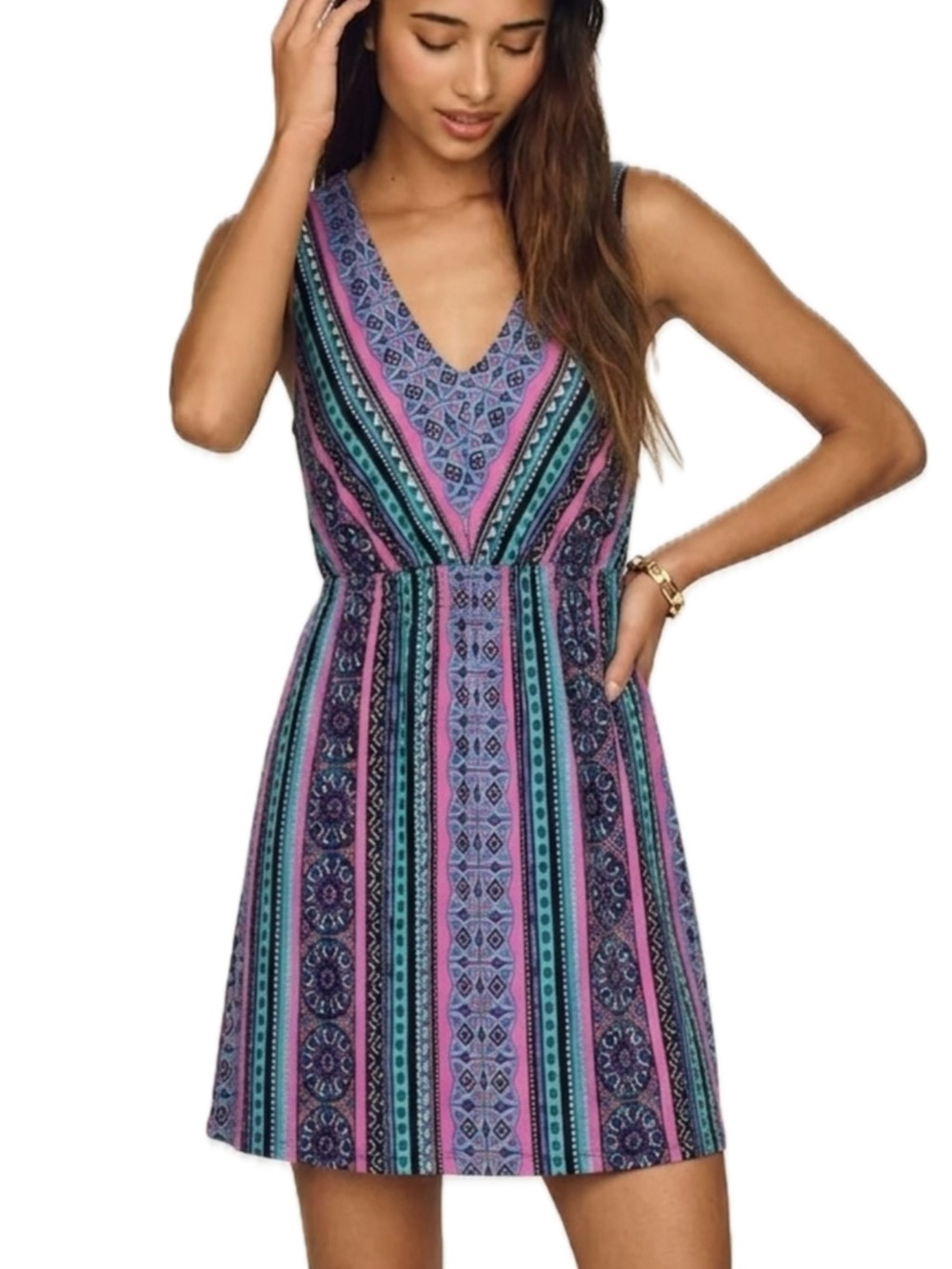Soma Luxuriously Soft Babydoll Tank Dress Size M Colorful Aztec Stripe V-Neck